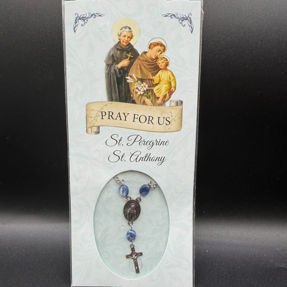St Peregrine St Anthony Rosary Necklace Blue Beads Crucifix Catholic Prayer Gift